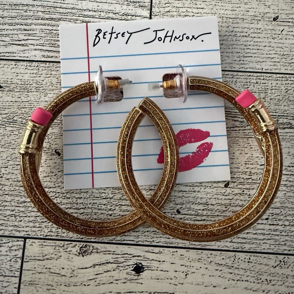 Betsey Johnson Book Smart Gold Tone Glitter Enamel Pencil Hoop Earrings NWT